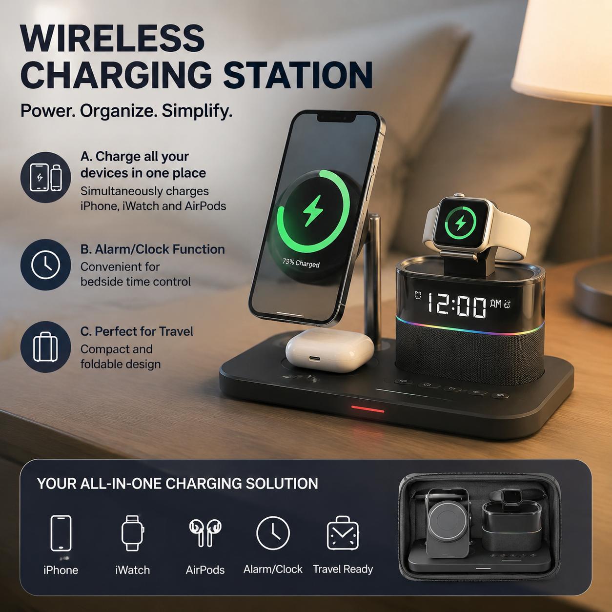 Travel Cable Organizer - Magnetic Wireless Charging Station for Phone