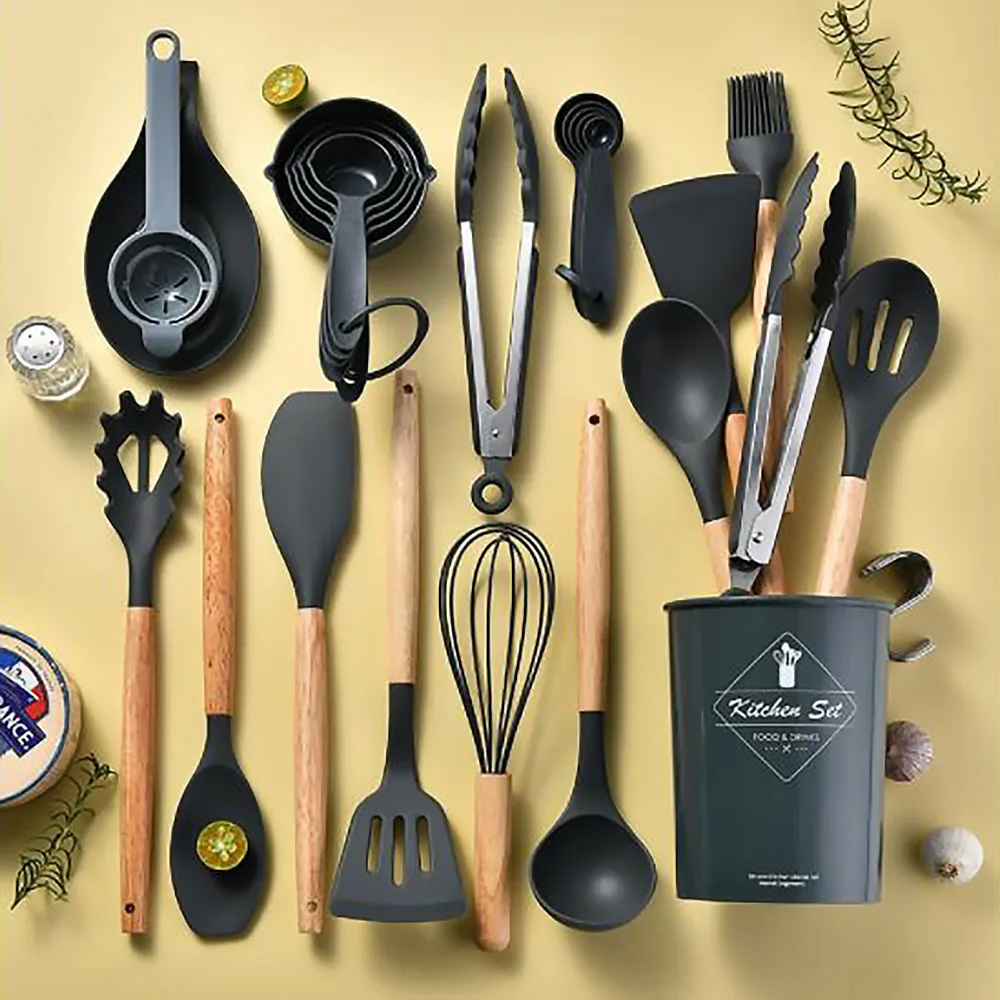Hi Tech Kitchen Accessories - 34Pcs Silicone Utensils Set Black Non-Stick